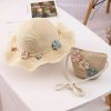 2pcs Girls Flowers Decor Lace Trim Sun Protection Straw Hat Beach Sun Hat & Zipper Straw Bag Set For Summer Outdoor Activities
