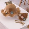 2pcs Girls Flowers Decor Lace Trim Sun Protection Straw Hat Beach Sun Hat & Zipper Straw Bag Set For Summer Outdoor Activities